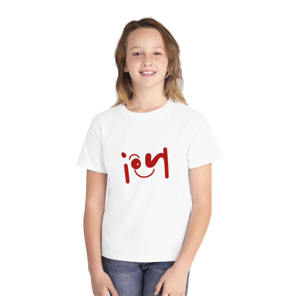 Youth Tee with Red Handwritten "joy" Smile Design — Playful Kids Graphic Shirt