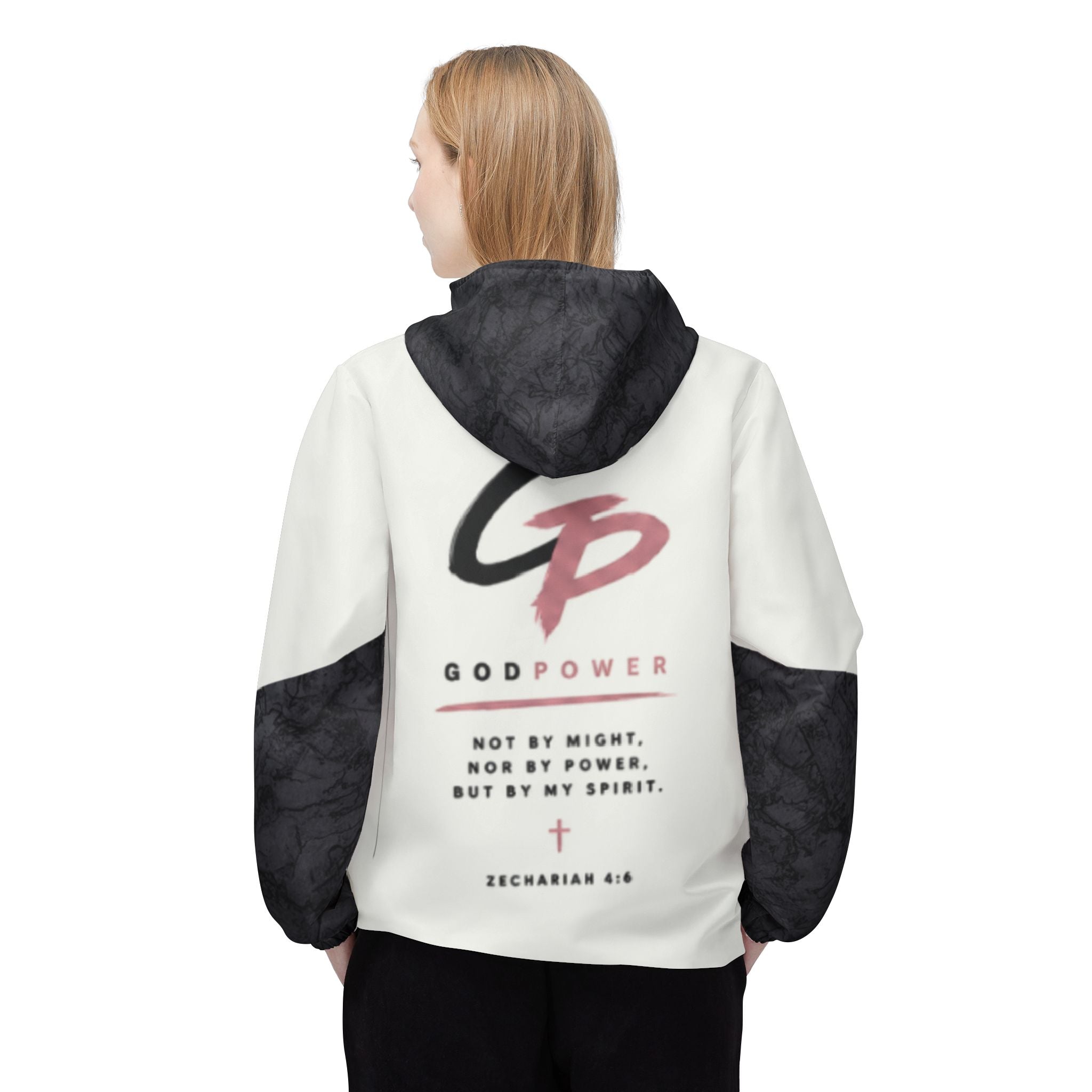 GodPower Windbreaker Jacket — "Not By Might" Inspirational Hooded Windbreaker