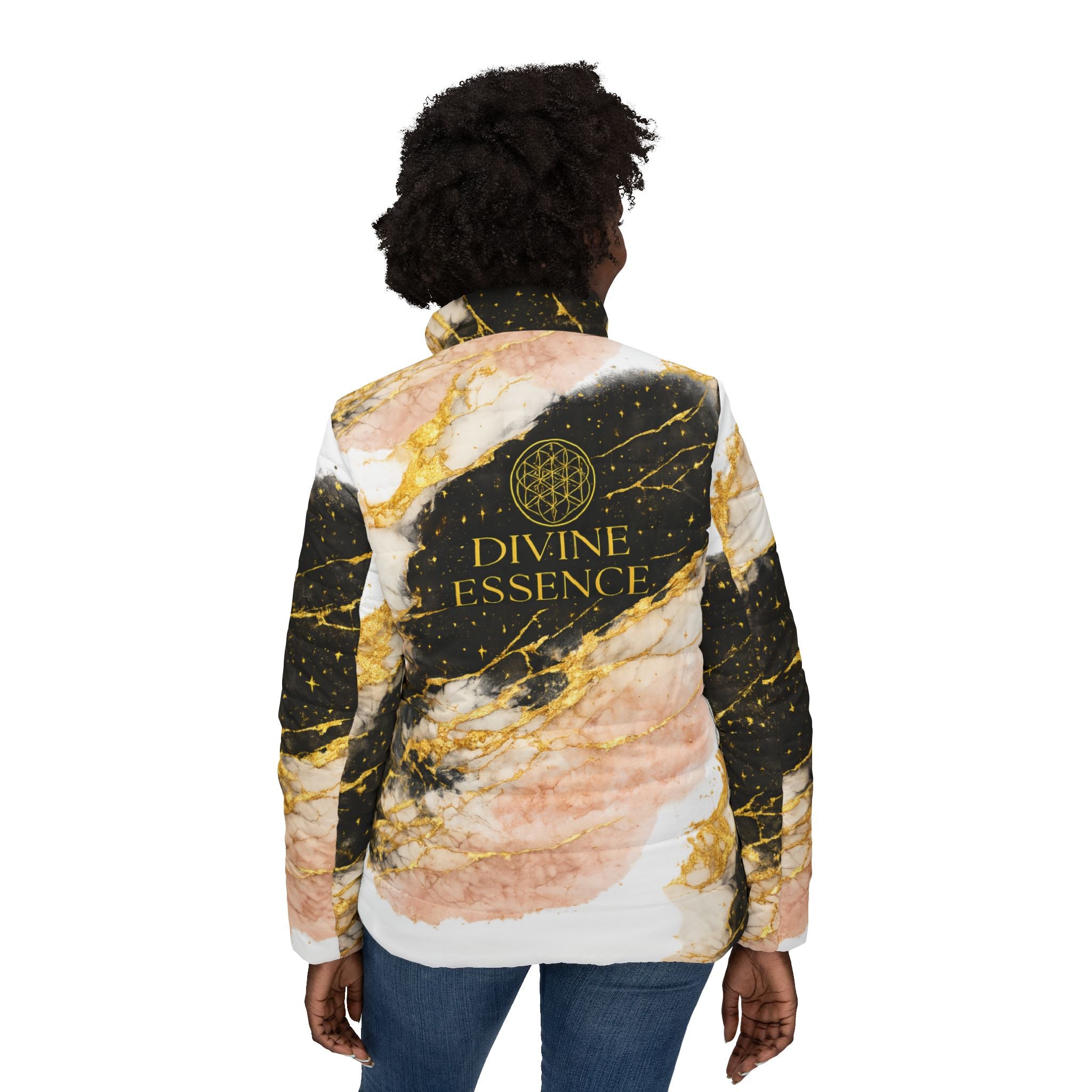 Puffer Jacket - Pink & Black Marble 'Divine Essence' Luxe Print