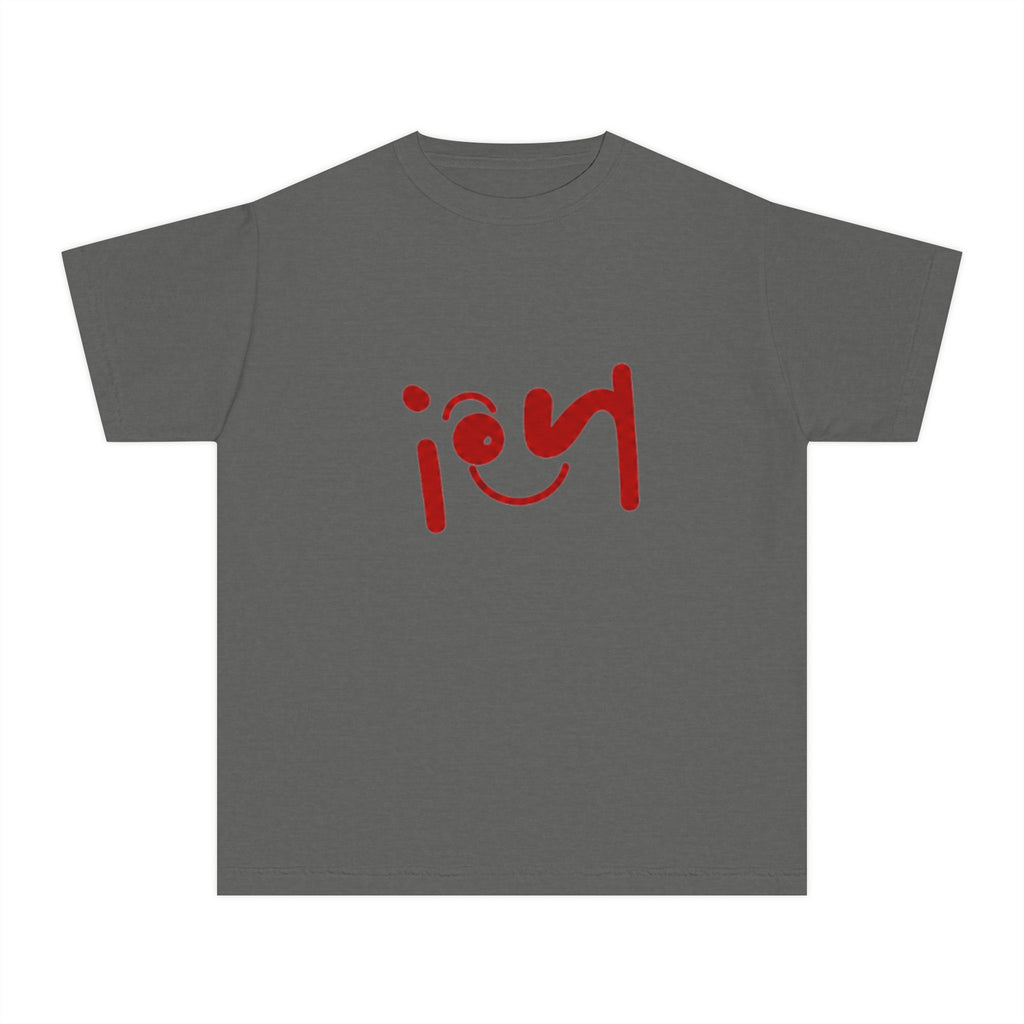 Youth Tee with Red Handwritten "joy" Smile Design — Playful Kids Graphic Shirt