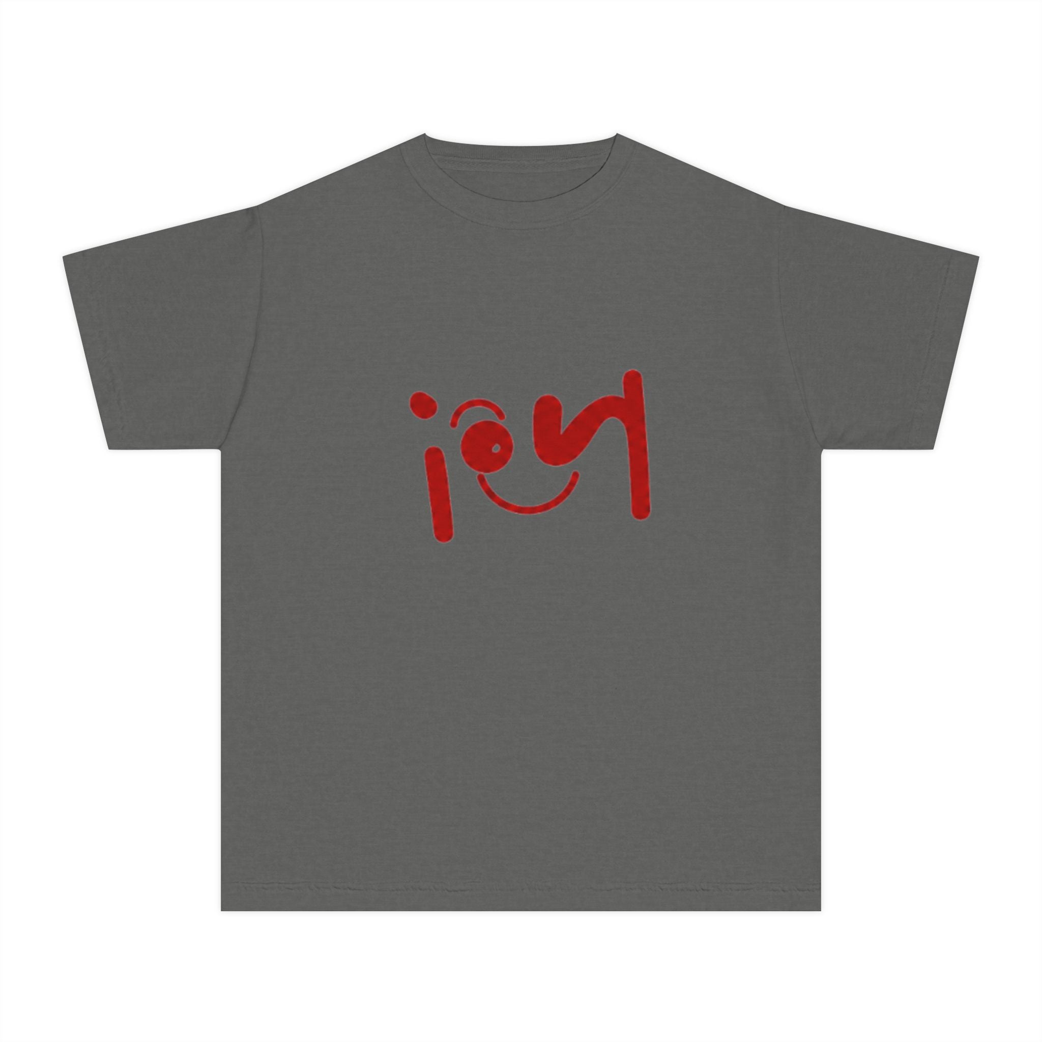 Youth Tee with Red Handwritten "joy" Smile Design — Playful Kids Graphic Shirt
