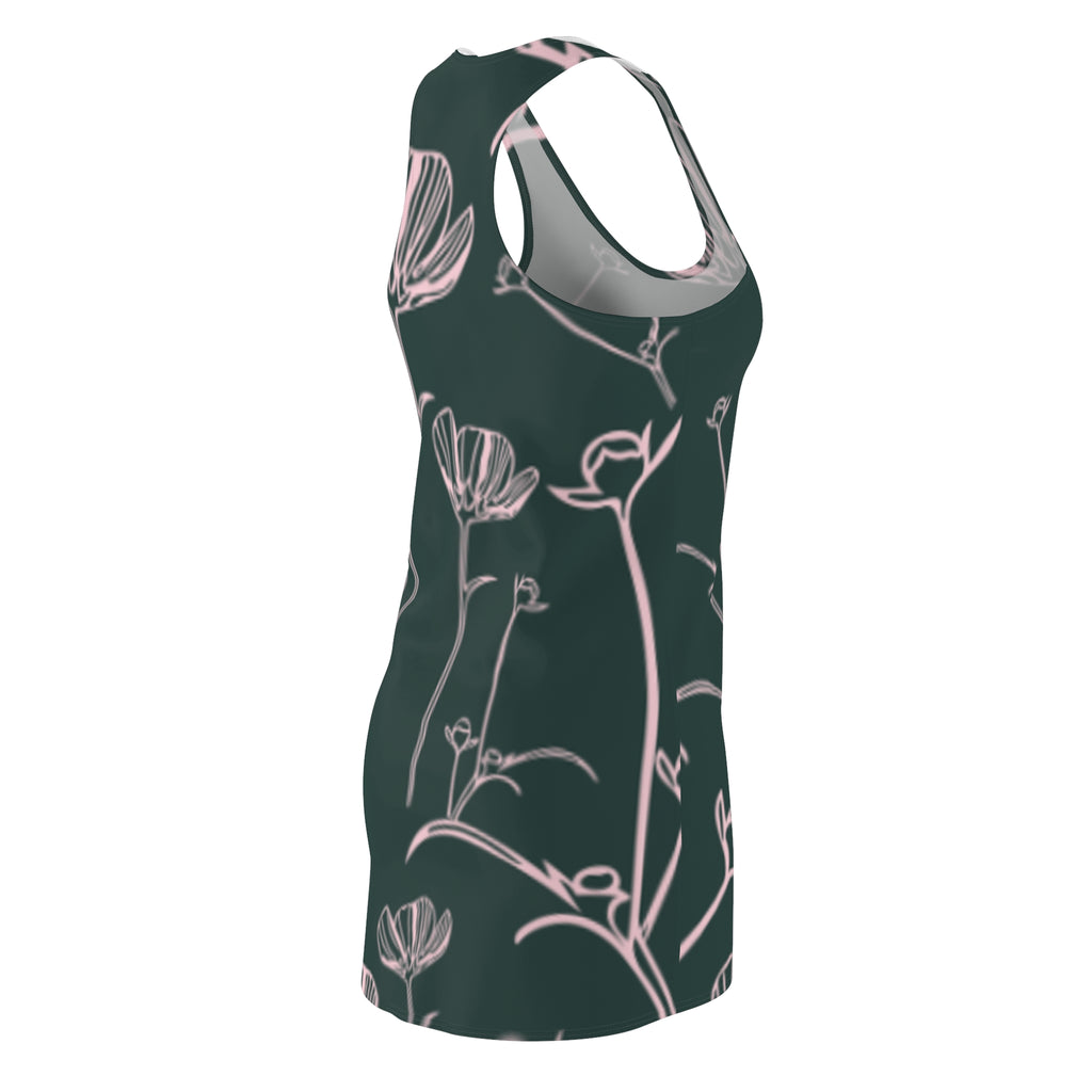 Floral Racerback Dress – Ezzence Blush Line Art on Deep Green (All-Over Print)