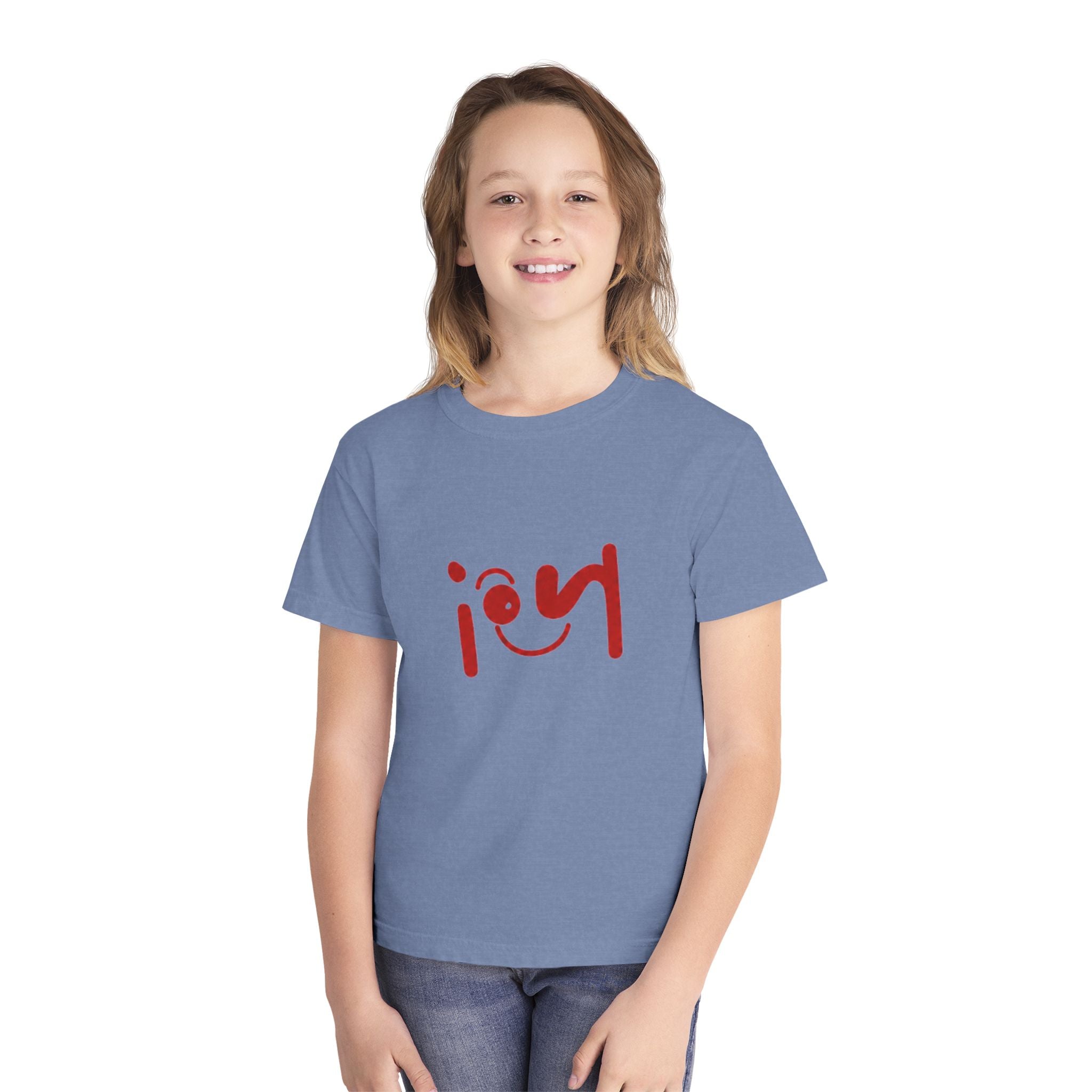 Youth Tee with Red Handwritten "joy" Smile Design — Playful Kids Graphic Shirt