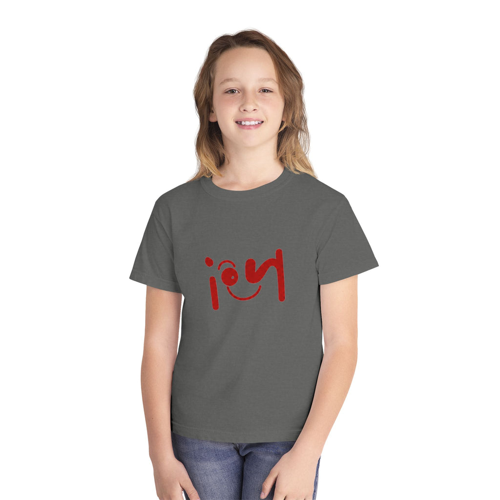 Youth Tee with Red Handwritten "joy" Smile Design — Playful Kids Graphic Shirt