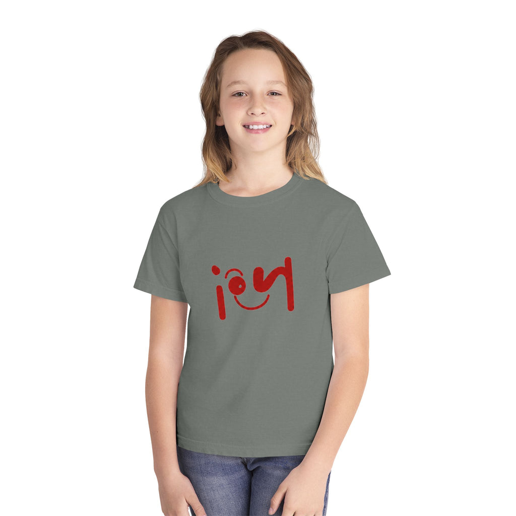 Youth Tee with Red Handwritten "joy" Smile Design — Playful Kids Graphic Shirt