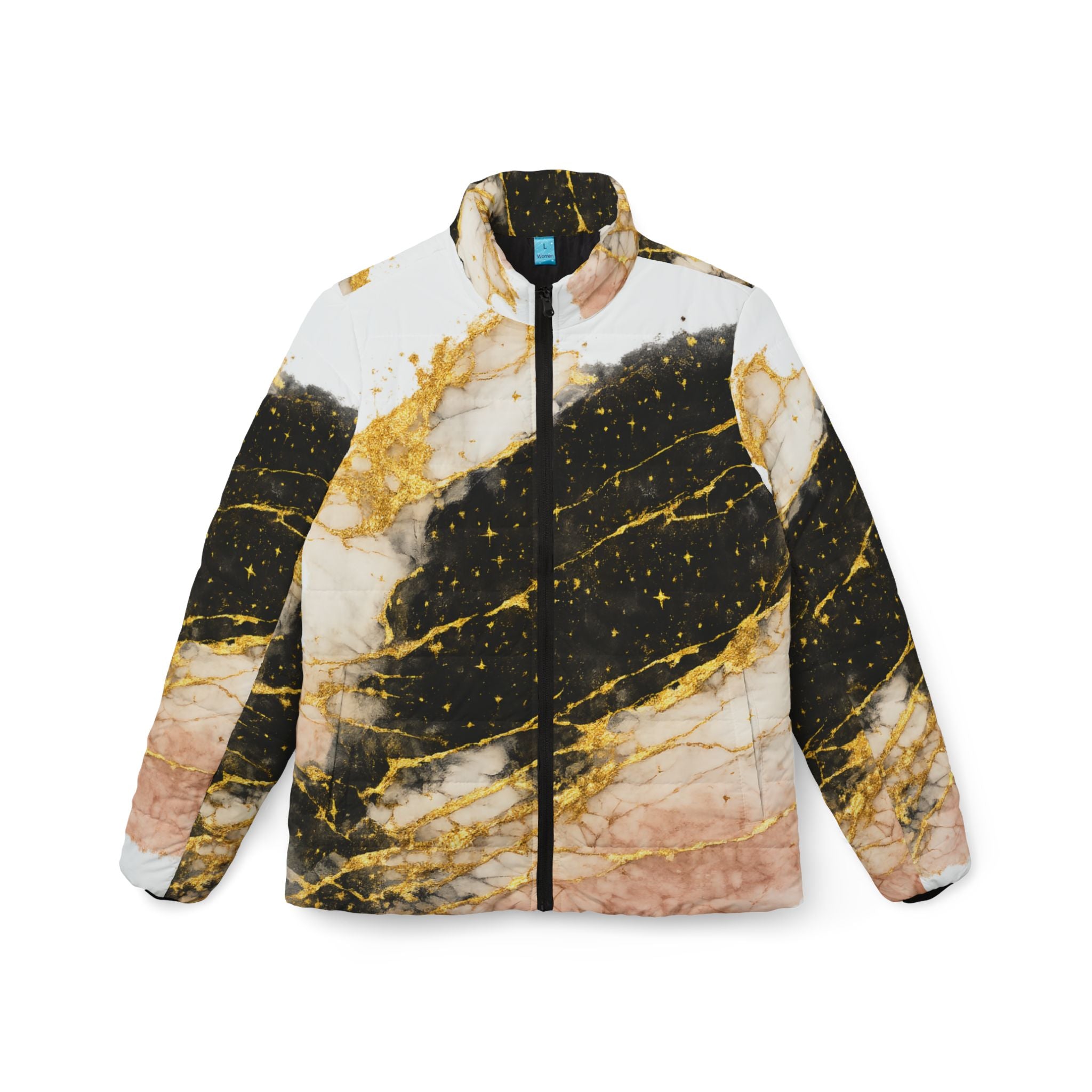 Puffer Jacket - Pink & Black Marble 'Divine Essence' Luxe Print
