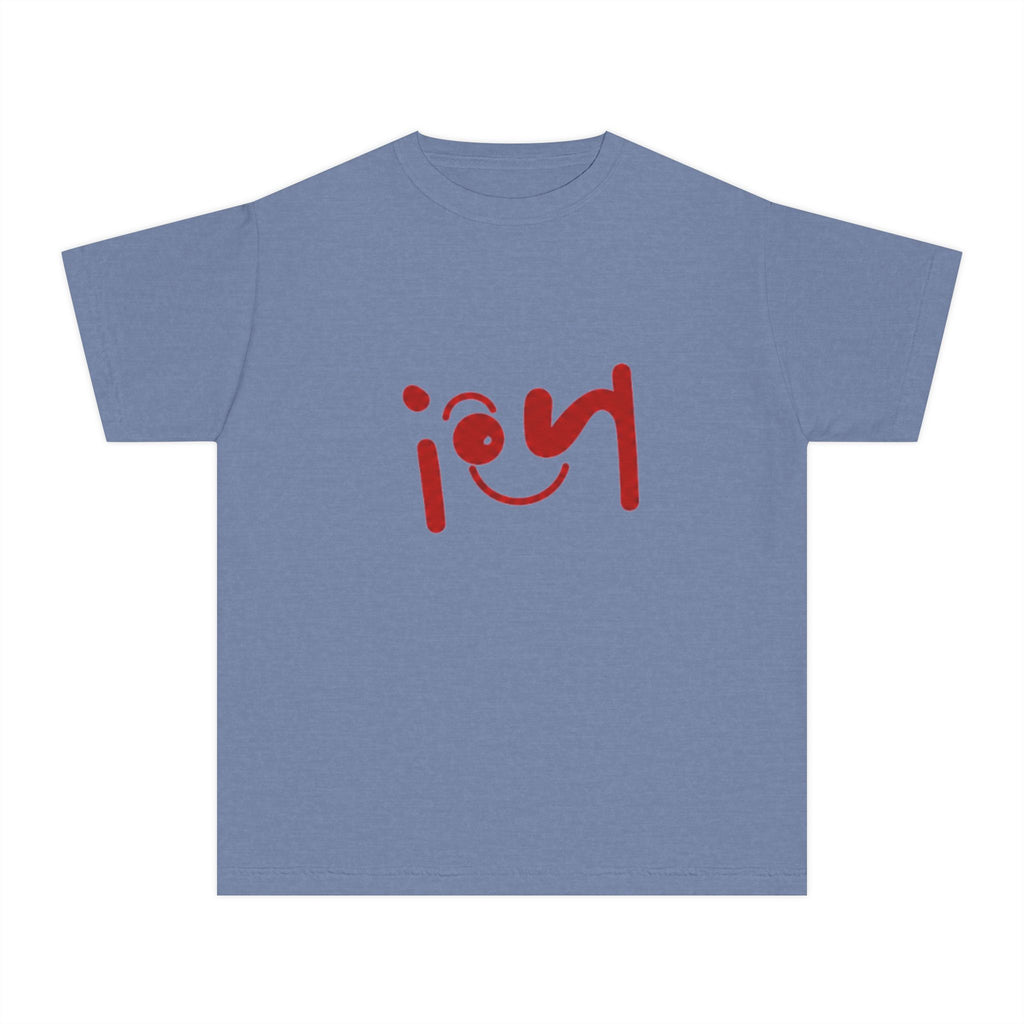 Youth Tee with Red Handwritten "joy" Smile Design — Playful Kids Graphic Shirt