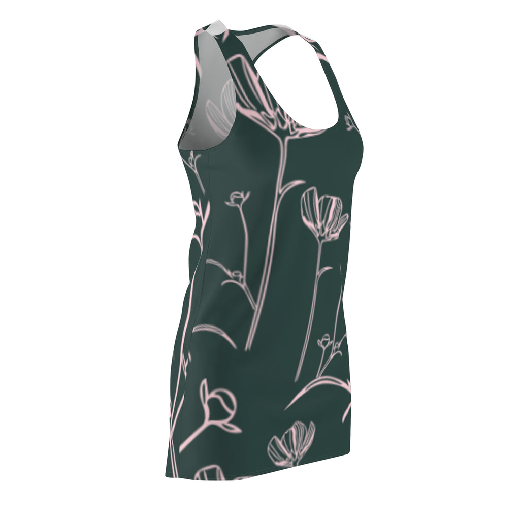 Floral Racerback Dress – Ezzence Blush Line Art on Deep Green (All-Over Print)
