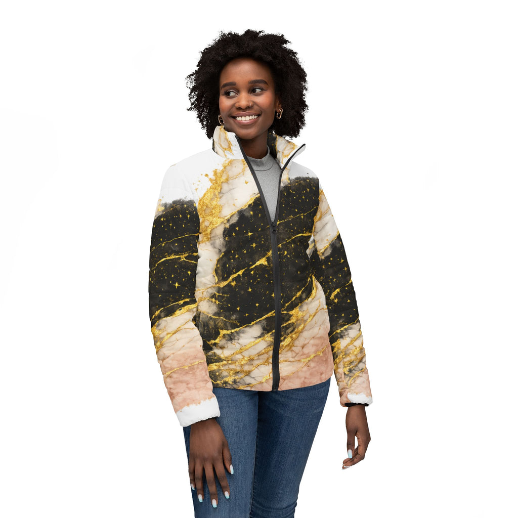 Puffer Jacket - Pink & Black Marble 'Divine Essence' Luxe Print