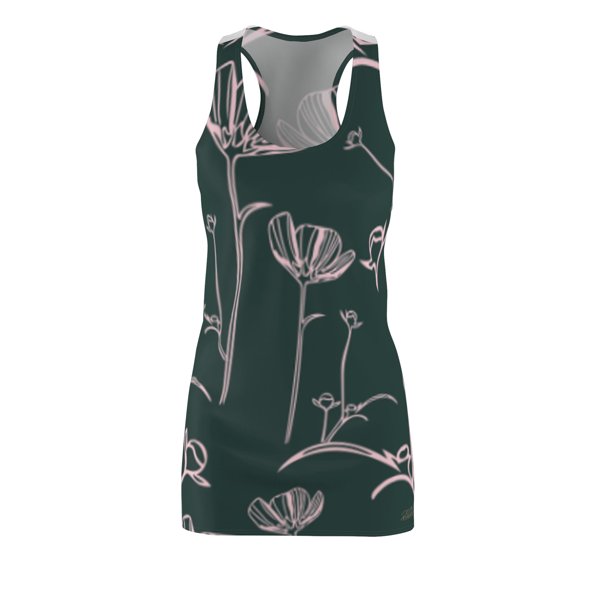 Floral Racerback Dress – Ezzence Blush Line Art on Deep Green (All-Over Print)