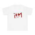 Youth Tee with Red Handwritten "joy" Smile Design — Playful Kids Graphic Shirt