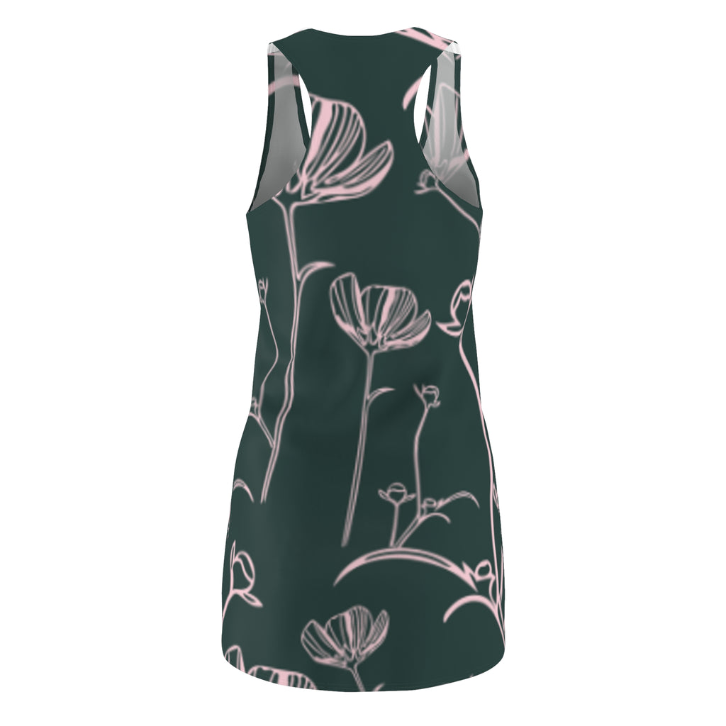 Floral Racerback Dress – Ezzence Blush Line Art on Deep Green (All-Over Print)